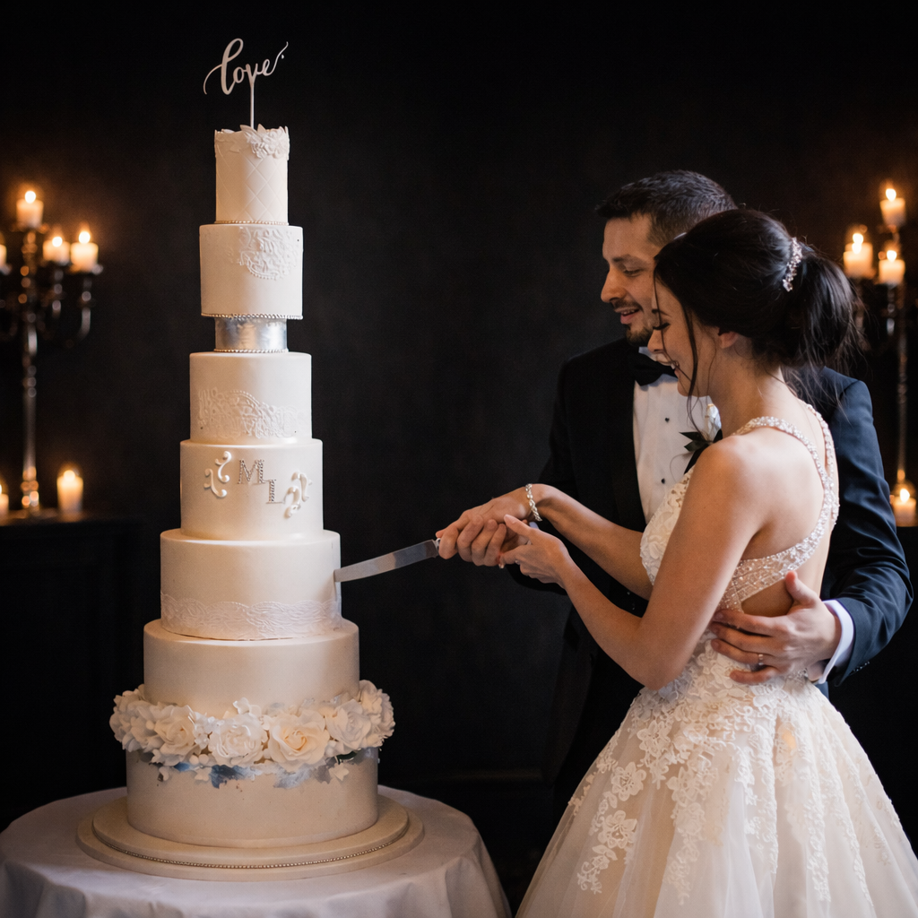 Wedding cake cutting moment