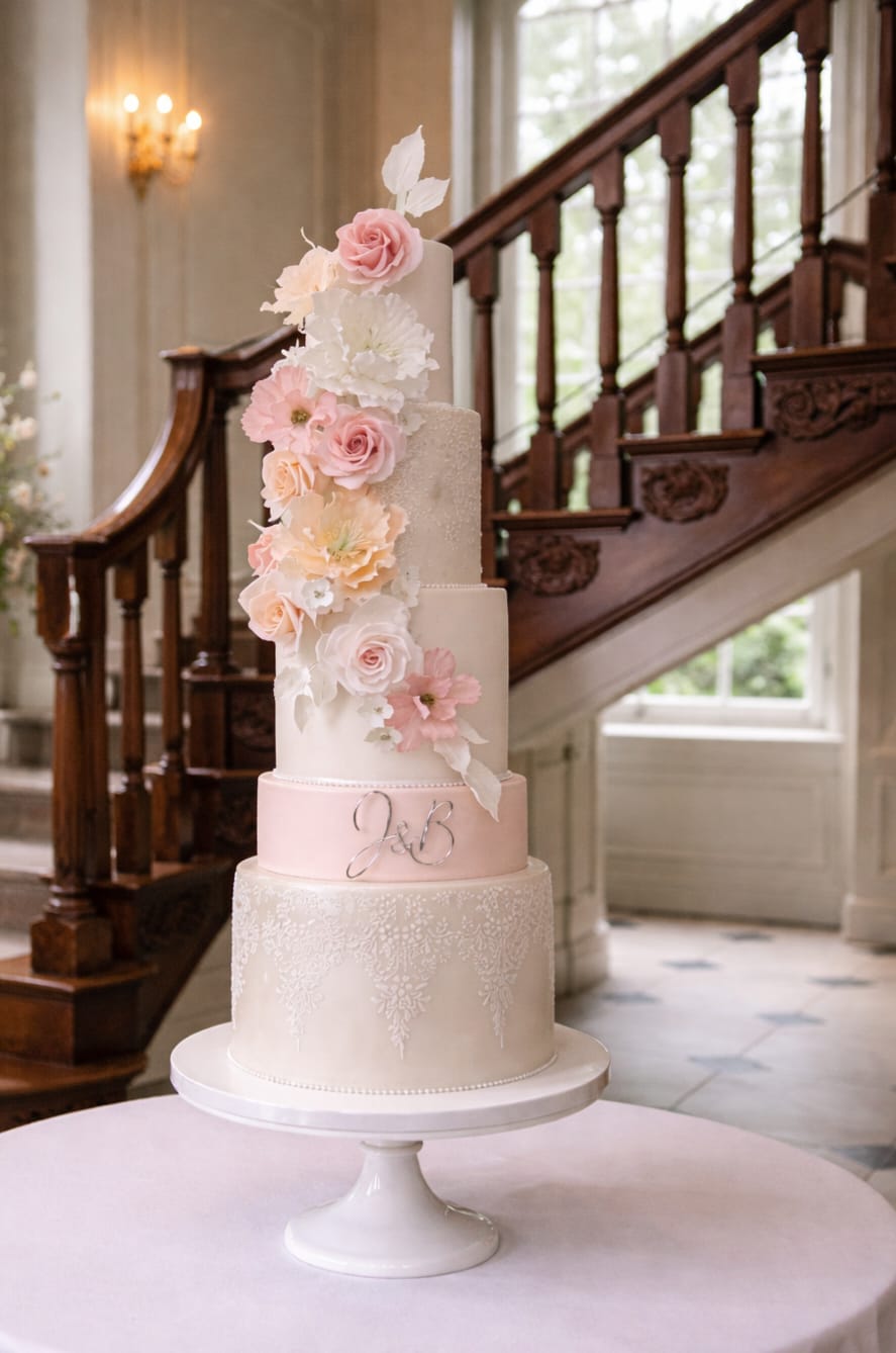 Five tier pink and ivory lace wedding cake with sugar flowers, Essex