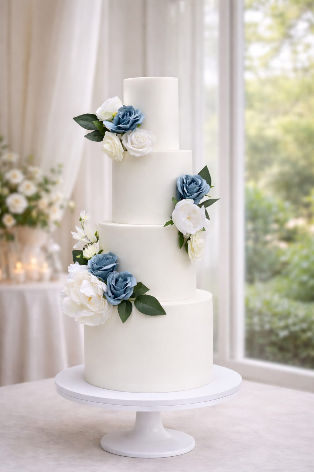 Four tier clean white wedding cake with flowers, Essex