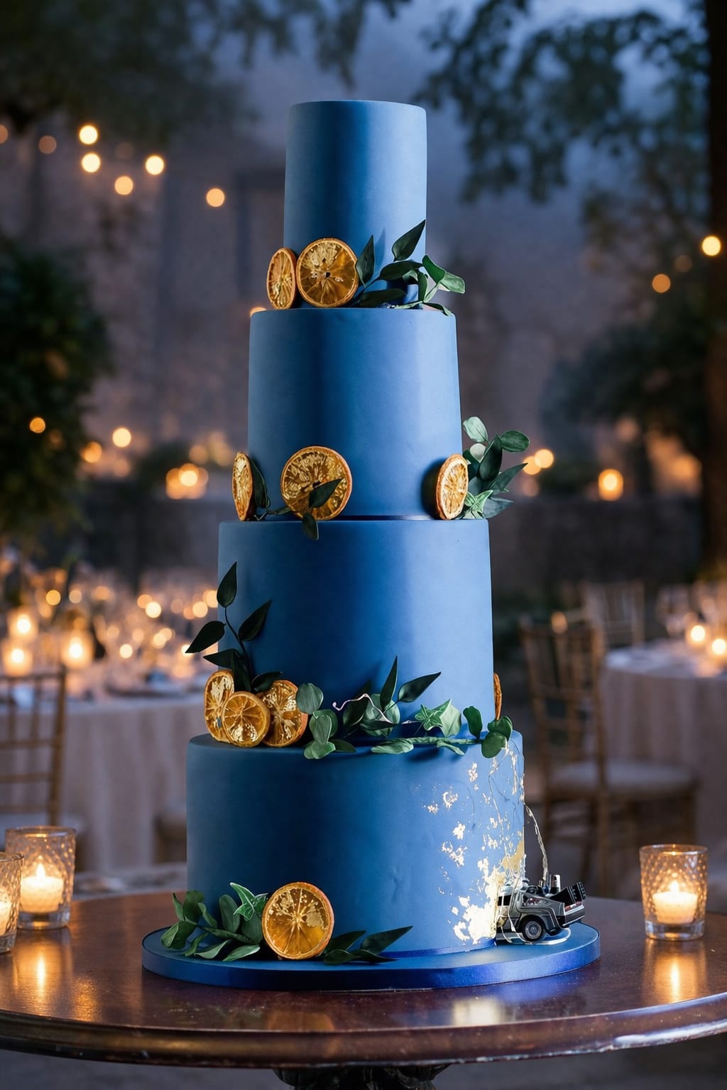 Four tier dark blue DeLorean fun wedding cake, Essex