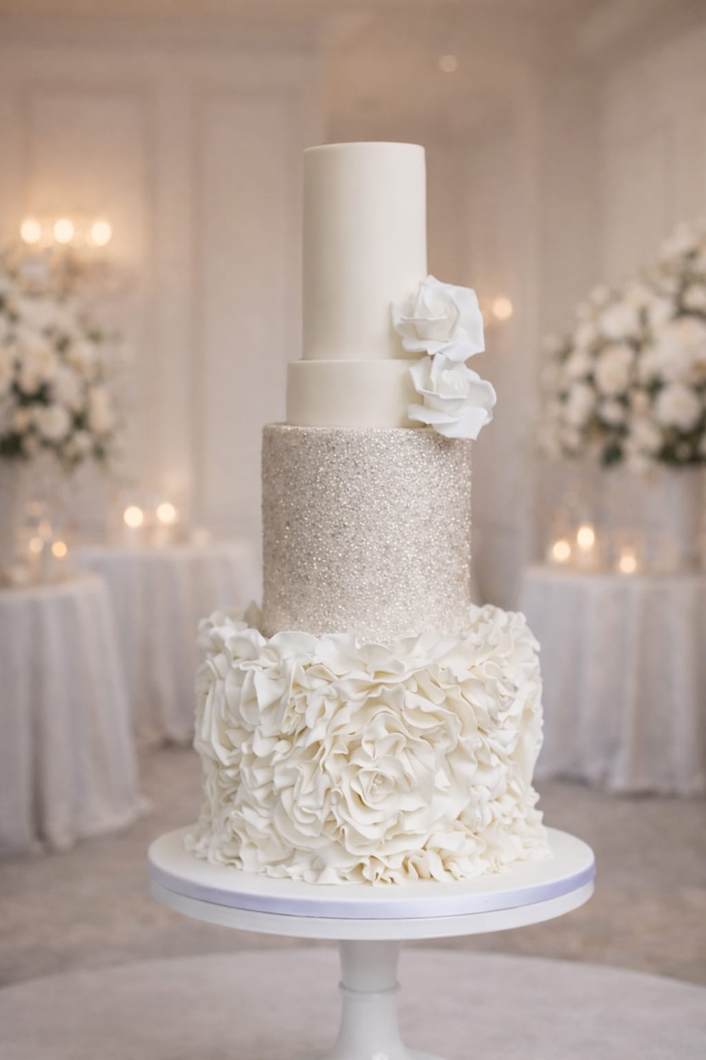 Four tier ivory wedding cake with roses, ruffles and edible glitter, Essex
