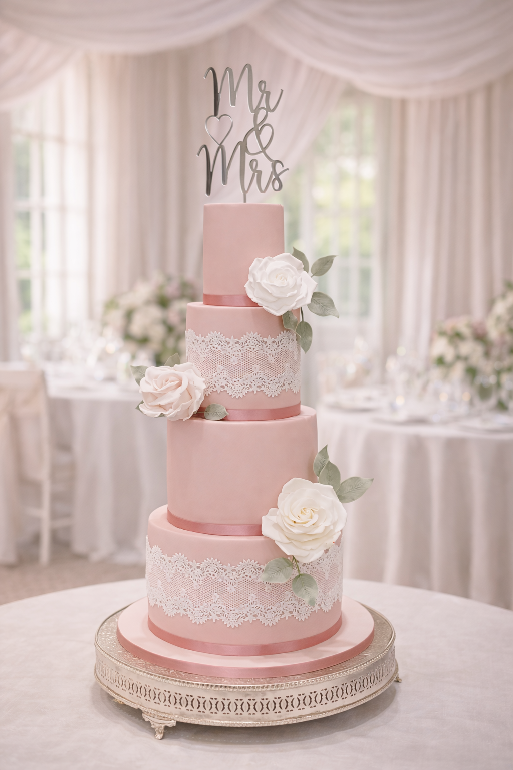 Four tier pink wedding cake with lace and handmade roses, Essex