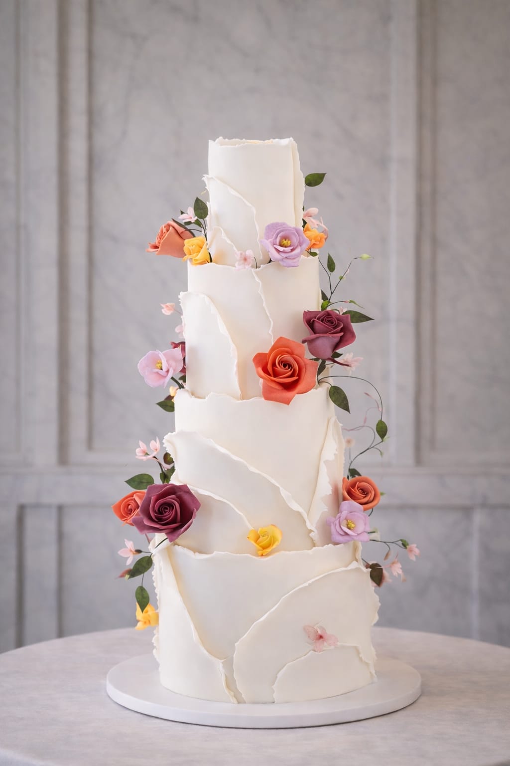 Four tier thick wave wedding cake with handmade edible flowers, Essex