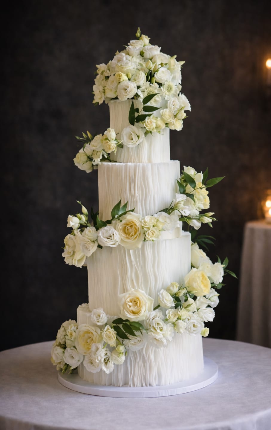 Four tier wafer wedding cake with cascading flowers, Essex