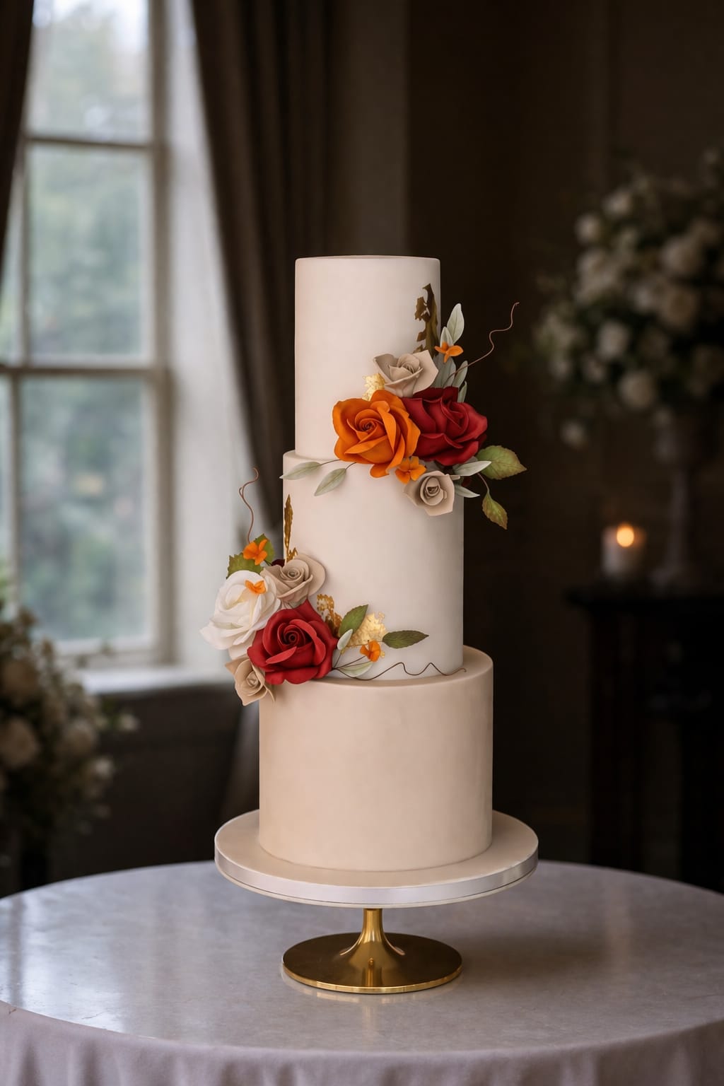 Three tier cream wedding cake with handmade flowers, Essex