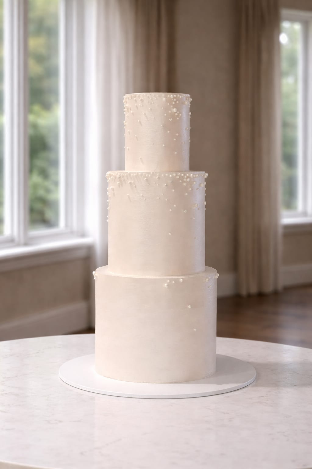 Three tier ivory wedding cake with pearls, Essex