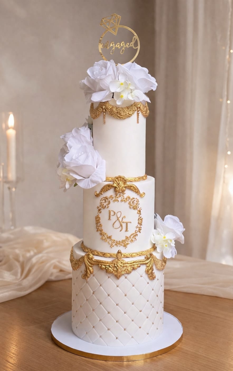 Three tier quilted gold and pearl baroque flowers wedding cake, Essex
