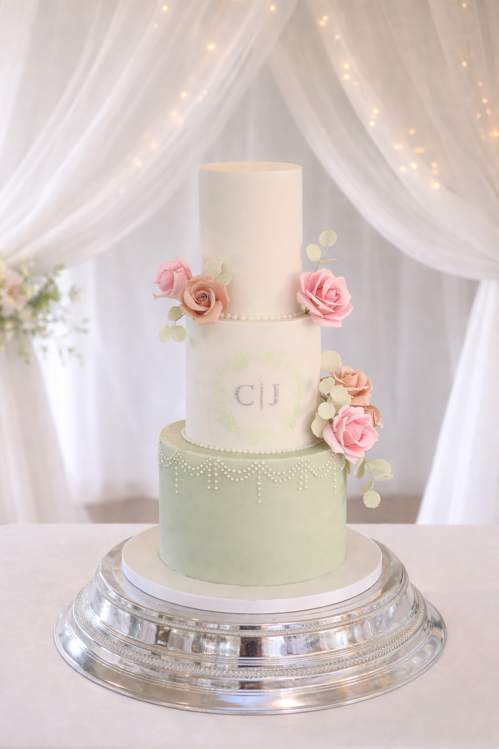 Three tier sage pink wedding cake with handcrafted roses, Essex