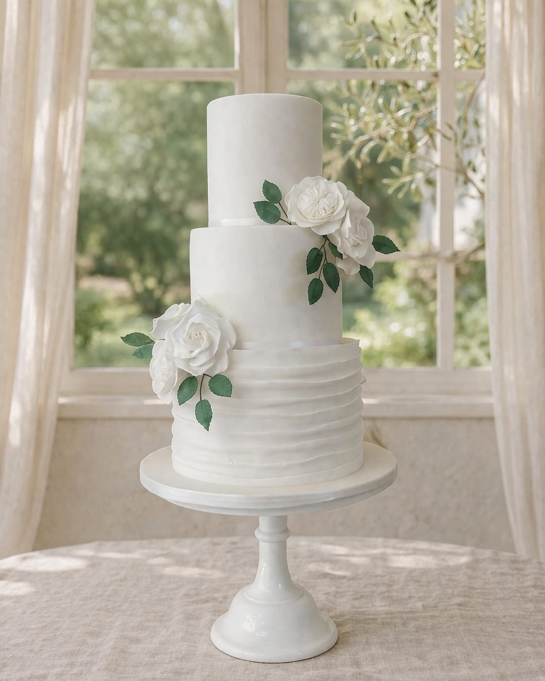 Three tier white ruffles wedding cake with handmade white roses, Essex