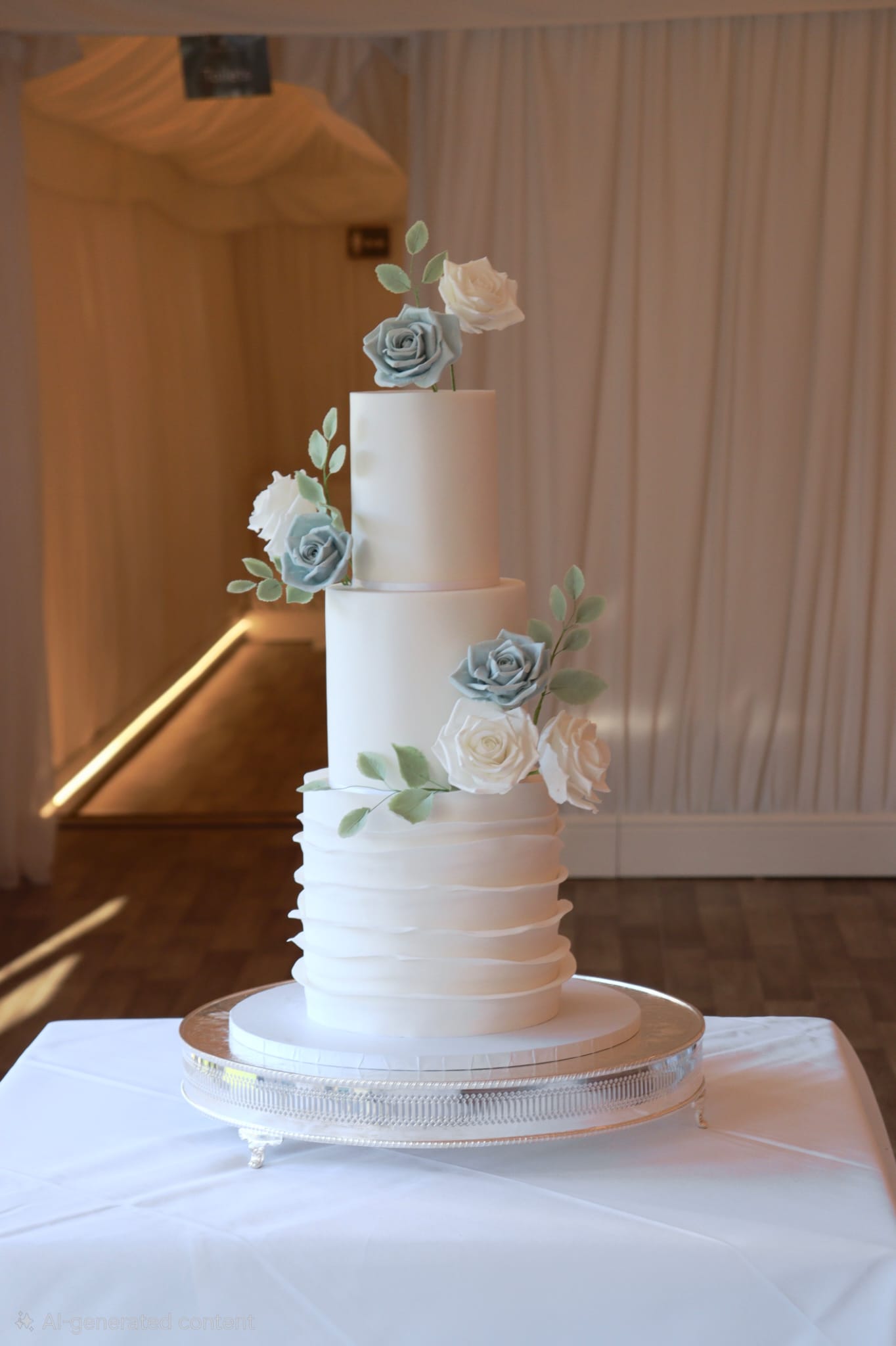 Three tier white ruffles wedding cake with handmade edible roses, Essex